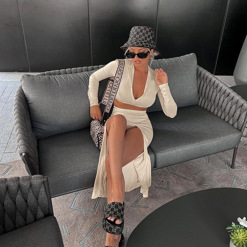 Off White Full Sleeve Crop Top With Slit Maxi Skirt