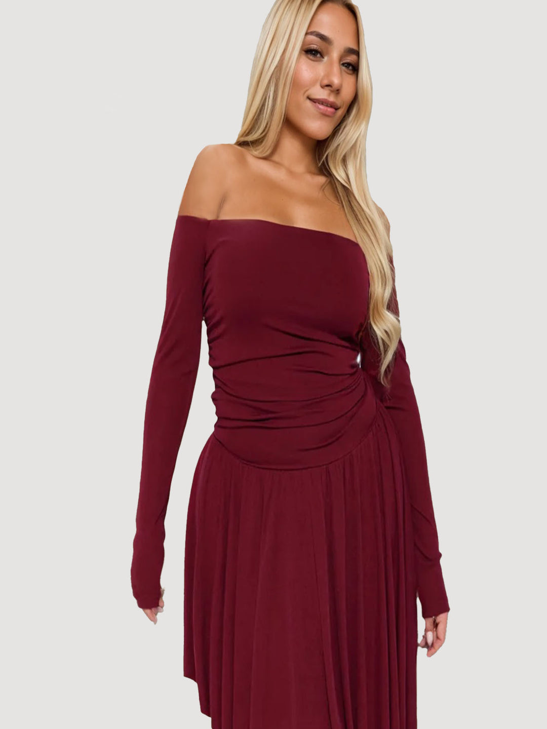 Burgundy Off-Shoulder Skater Pleated Dress