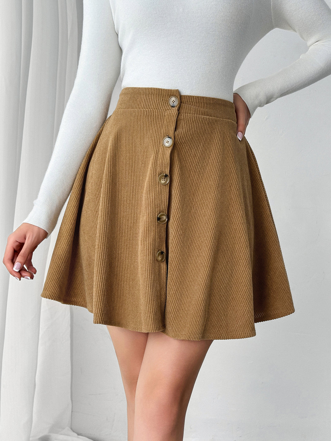 Brown High Waist Front Button Skirt