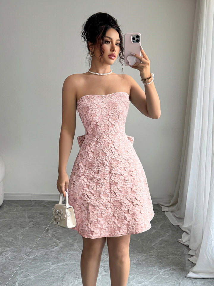 Pink Strapless Floral Printed Bow Dress