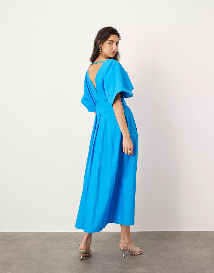 Blue Short Sleeve Waist Fitted Dress