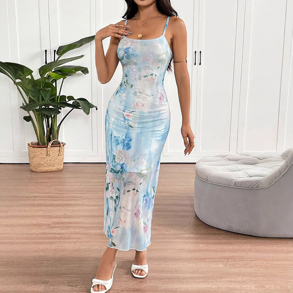 Blue Strappy Printed Maxi Dress