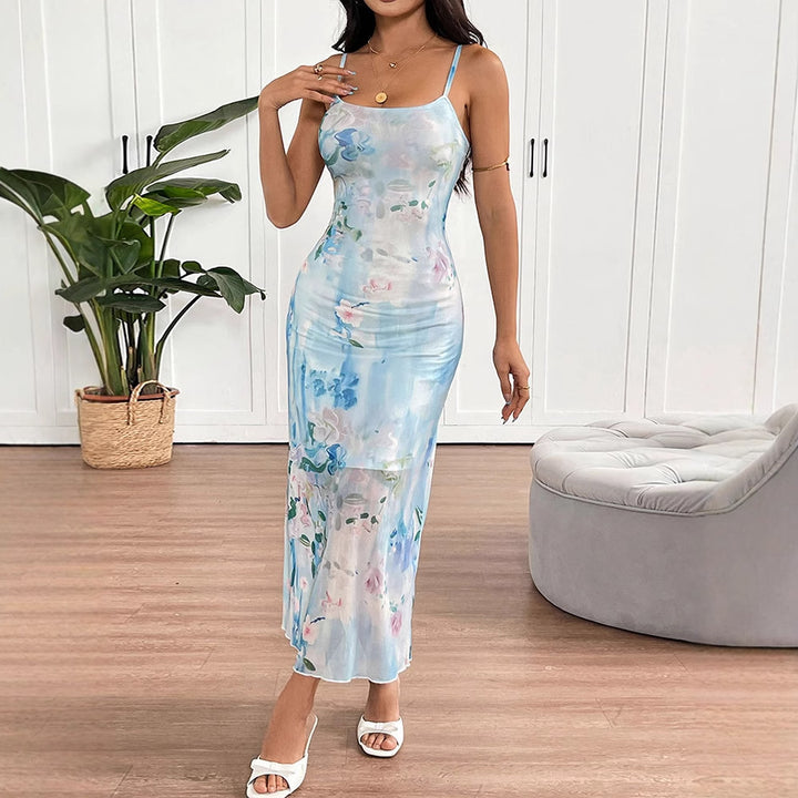 Blue Strappy Printed Maxi Dress