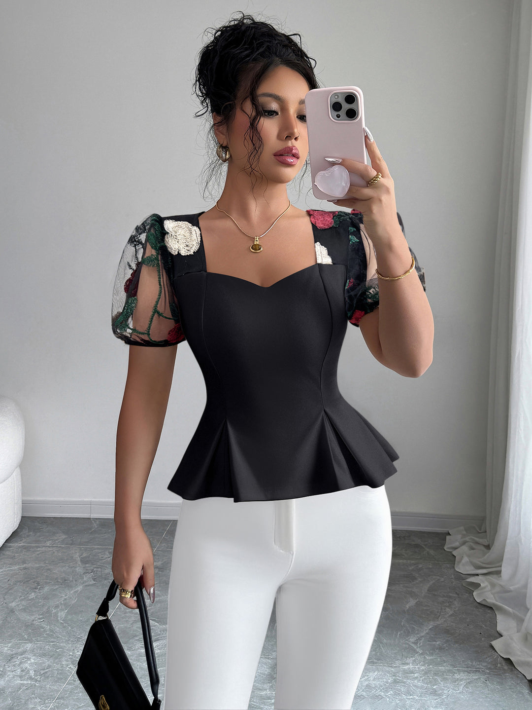 Black Lace Sleeve Waist Detail Top