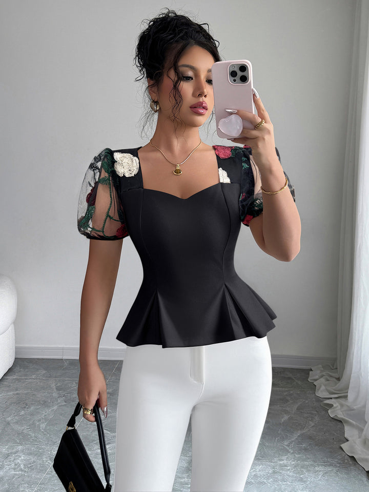 Black Lace Sleeve Waist Detail Top