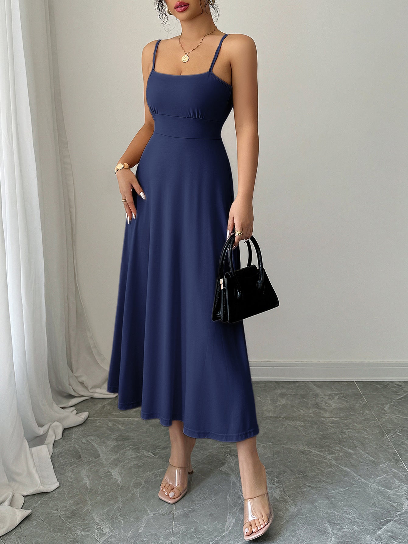 Navy Blue Strappy Solid Cinched Waist Dress