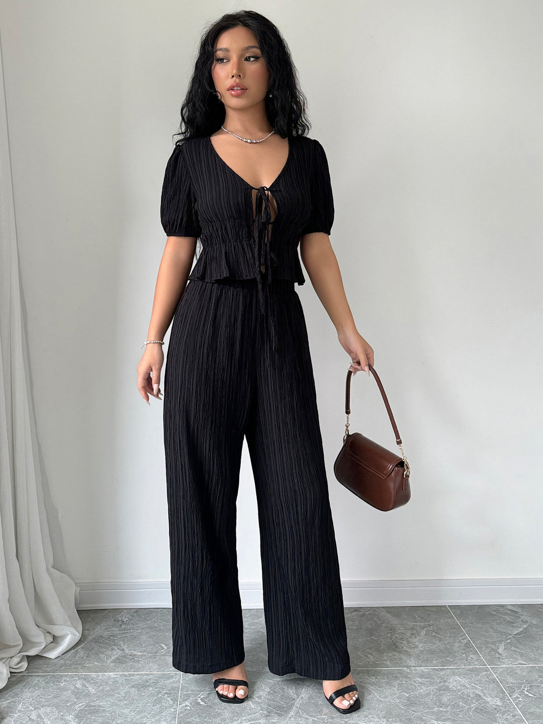 Black Co Ord Set With Cropped Top And Trouser