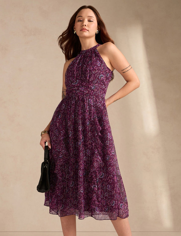 Purple High Neck Flared Dress With Delicate Floral Print