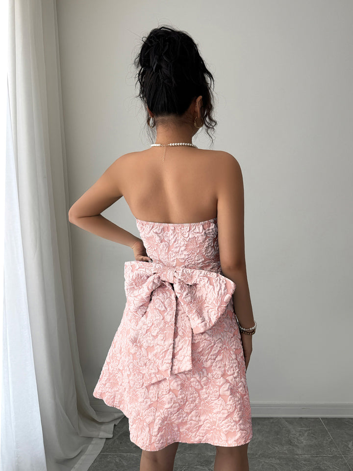 Pink Strapless Floral Printed Bow Dress