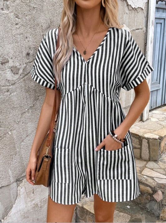 Black Black And White Stripe Playsuit