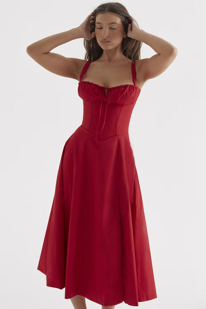 Red Strappy Corset Midi Dress