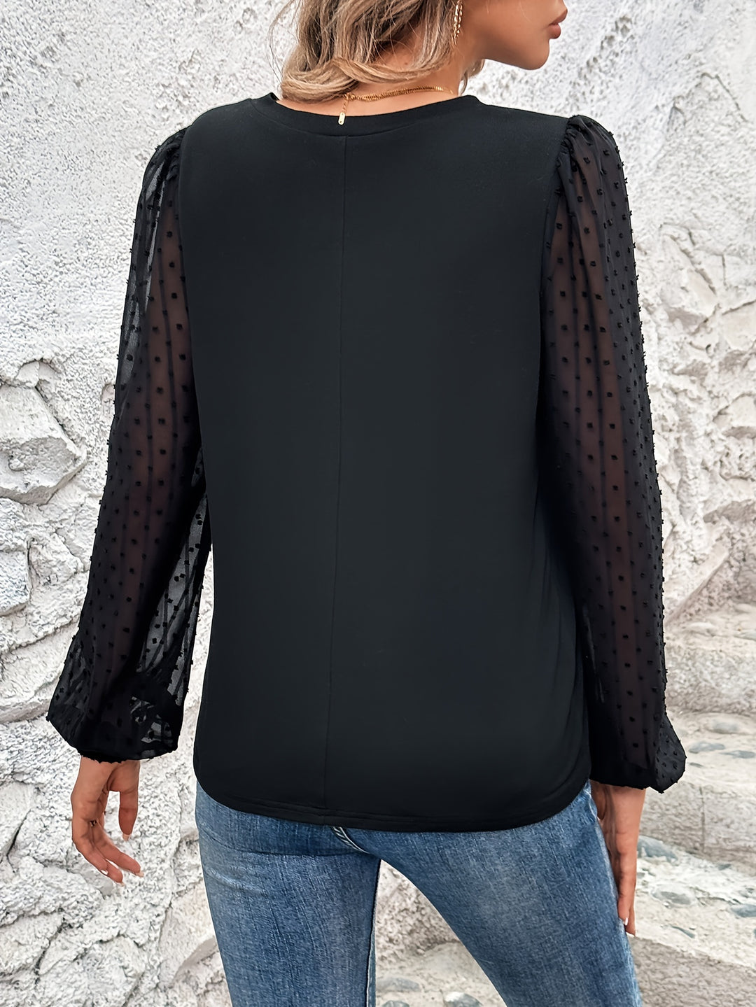 Black V Neck Top With Sheer Sleeves
