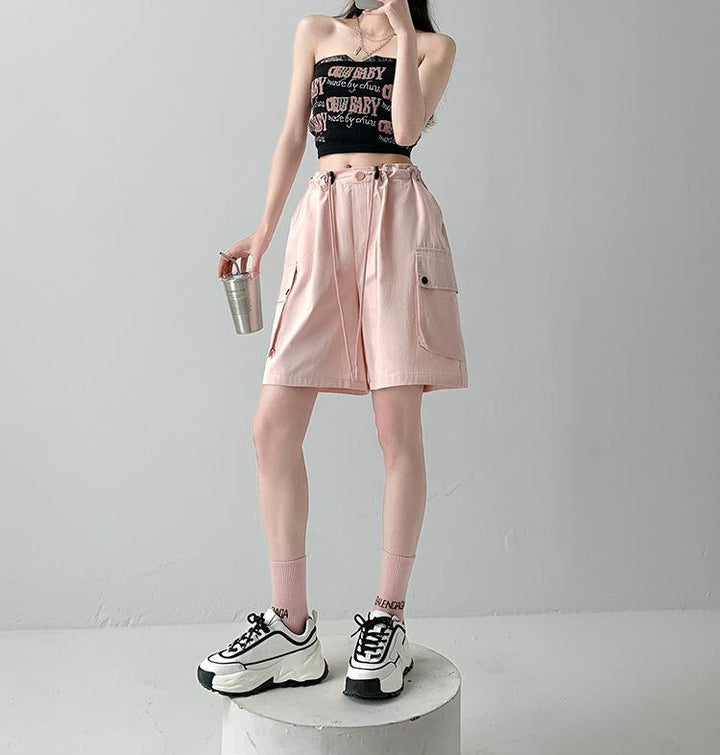 Pink Relaxed Fit Drawstring Cargo Shorts