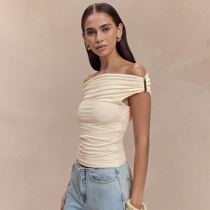 Cream Off-Shoulder Fitted Top With Ruched Bodice