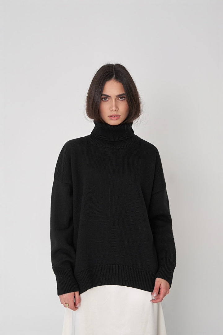 Black Turtle Neck Oversized Solid Sweater
