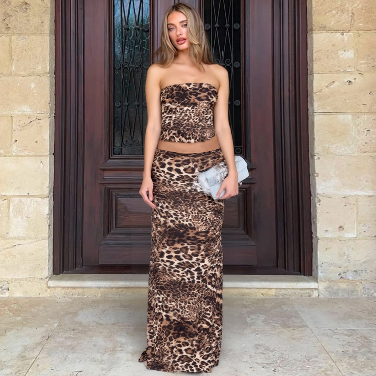 Leopard Print Tube Top With Skirt Co-Ord Set