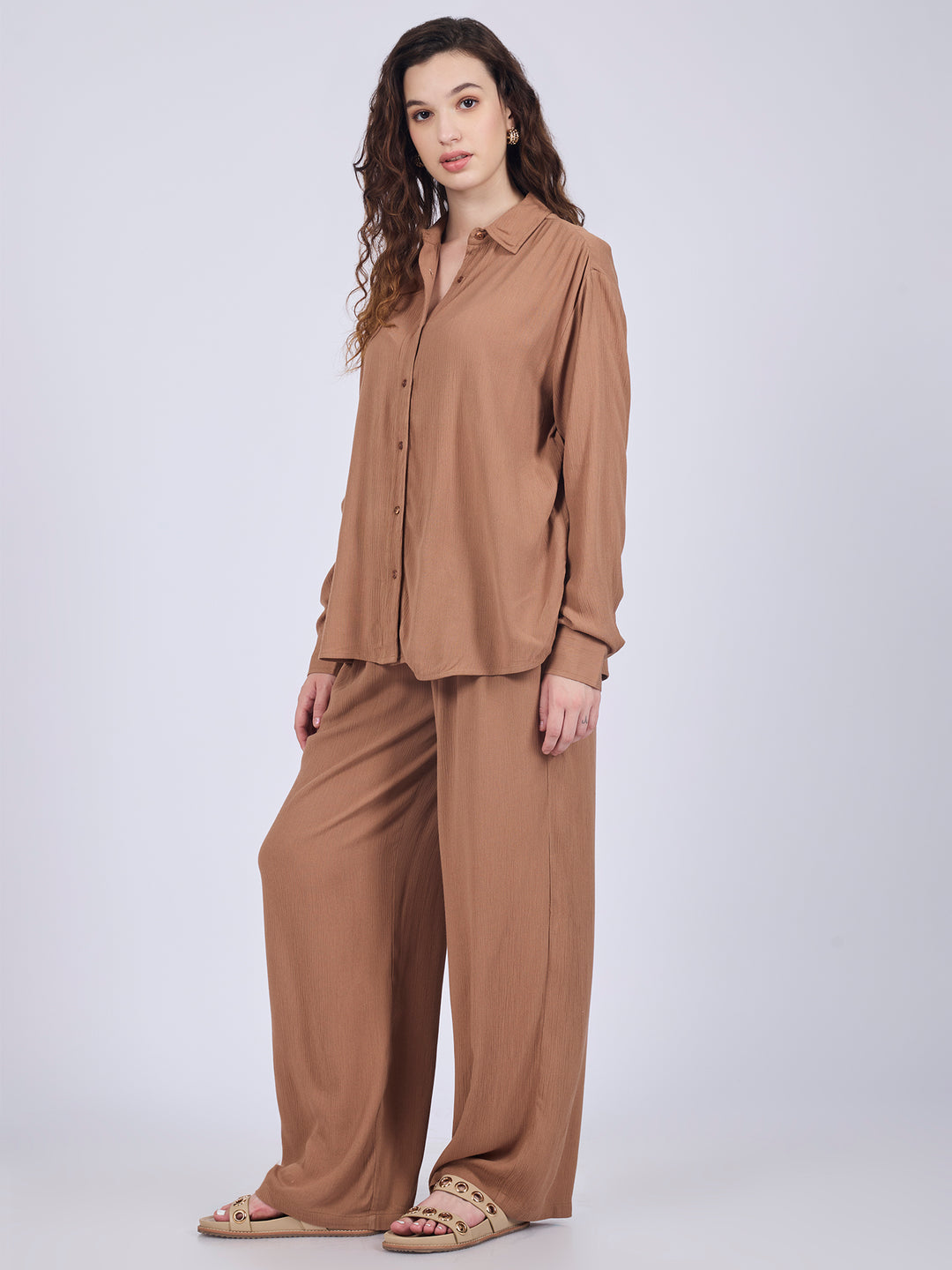 Brown Easy Shirt And Pull On Pants Co-Ord Set