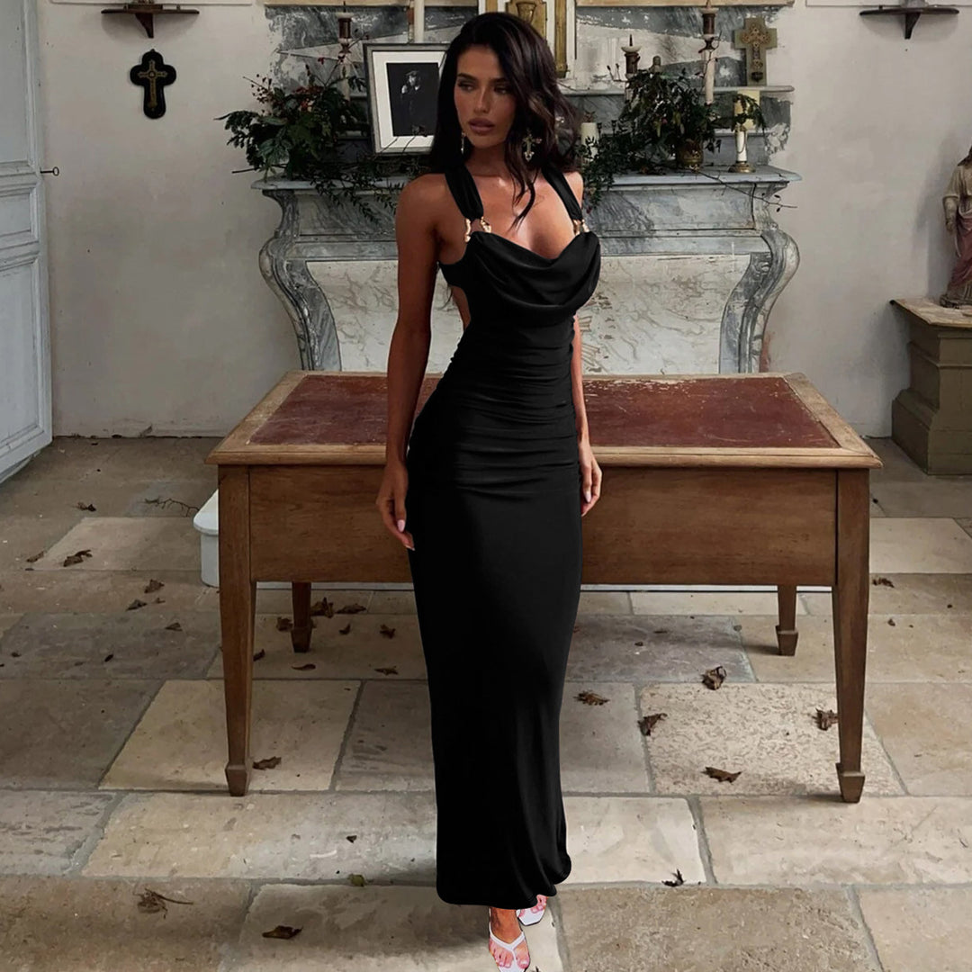 Black Cowl Neck Ruched A-Line Maxi Dress