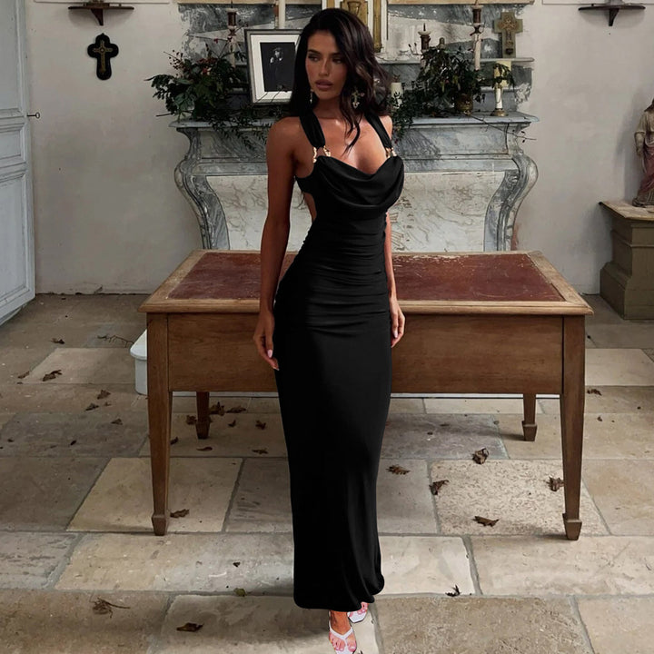 Black Cowl Neck Ruched A-Line Maxi Dress