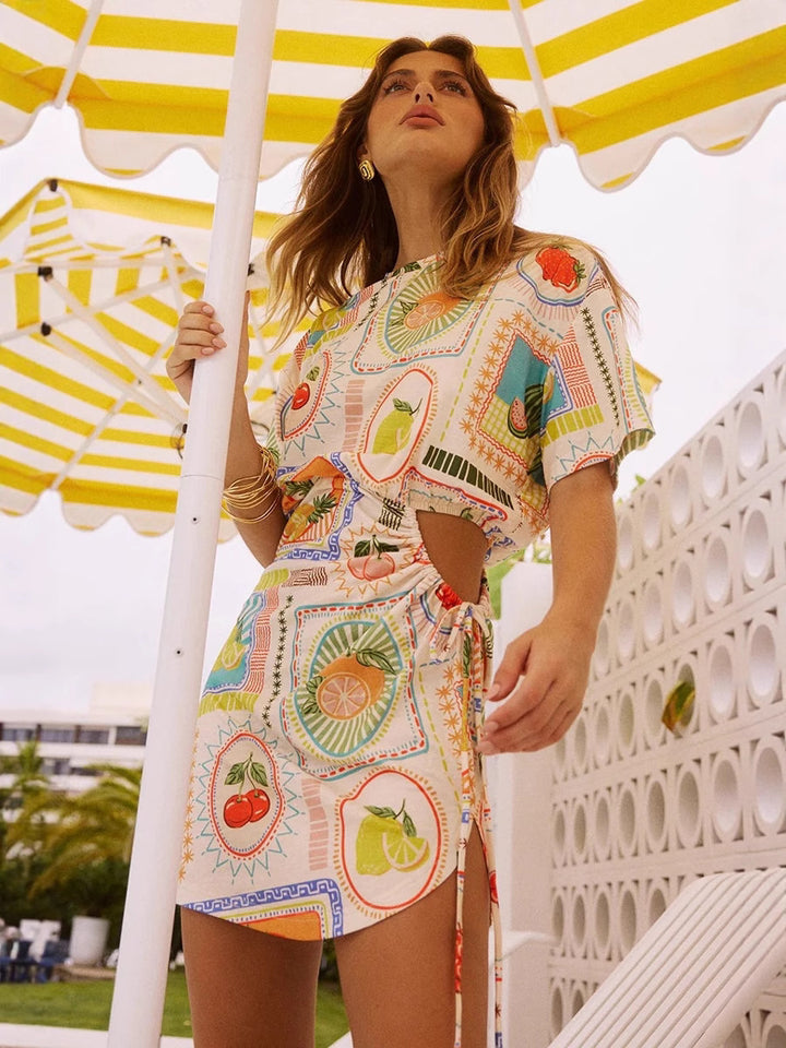 Multi Abstract Printed Waist Cut-Out Ruched Dress