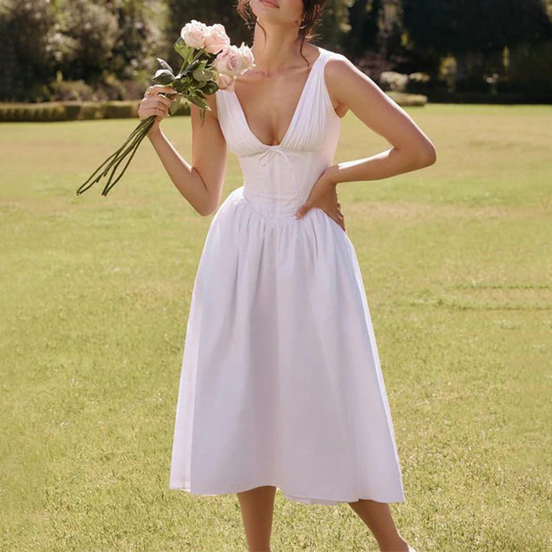 White V Neck Corset Flared Dress