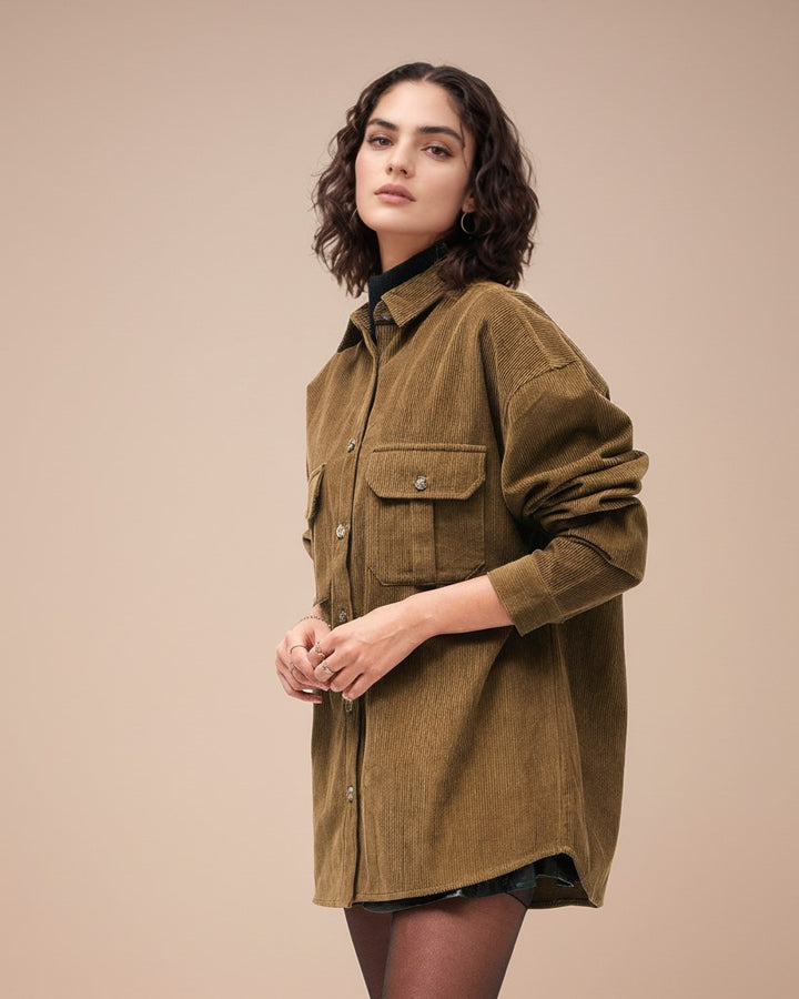 Brown Full Sleeve Double Pockets Corduroy Shirt
