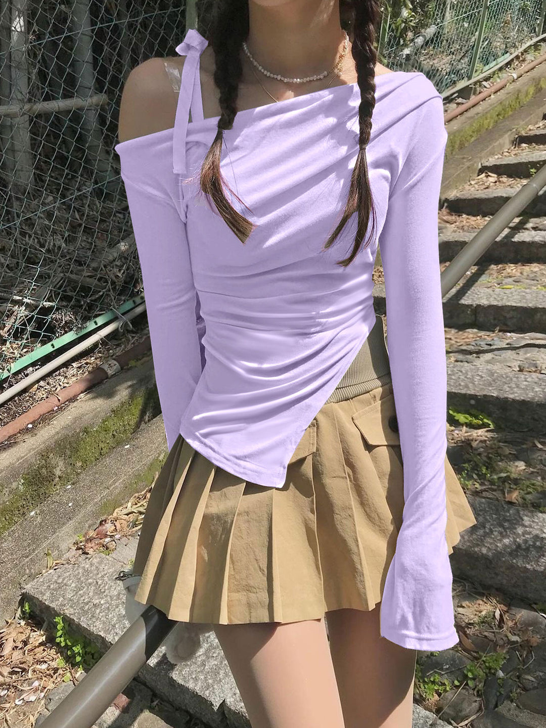 Blue Cold Shoulder Sheer Tie Up Top