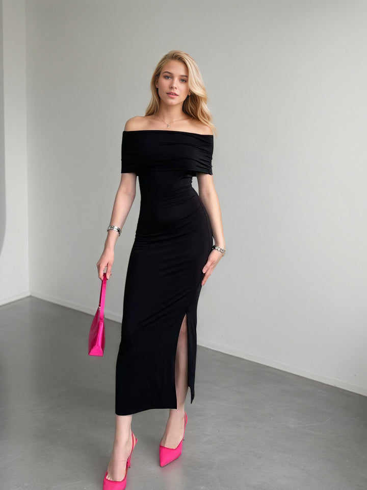 Black Off Shoulder Slit Dress
