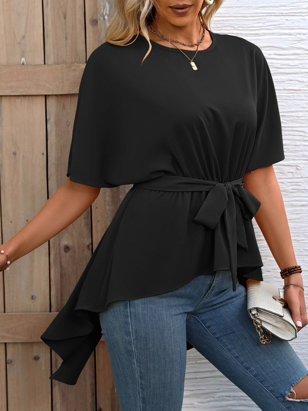 Black Waist Cinched Asymmetrical Hem Top