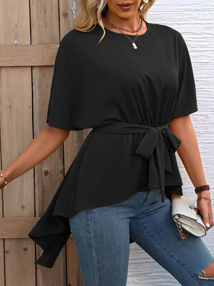 Black Waist Cinched Asymmetrical Hem Top