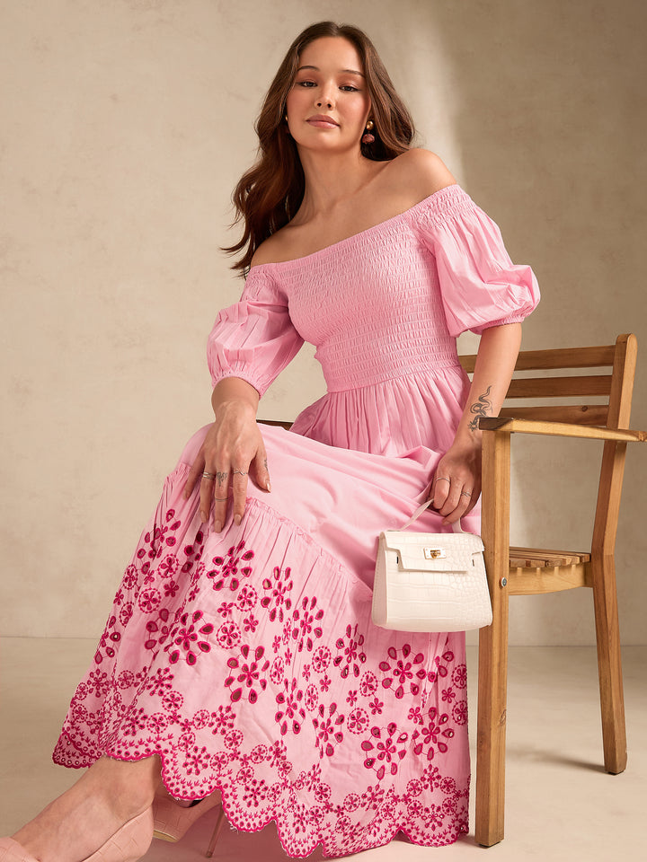 Pink Maxi Dress With Contrast Schiffli