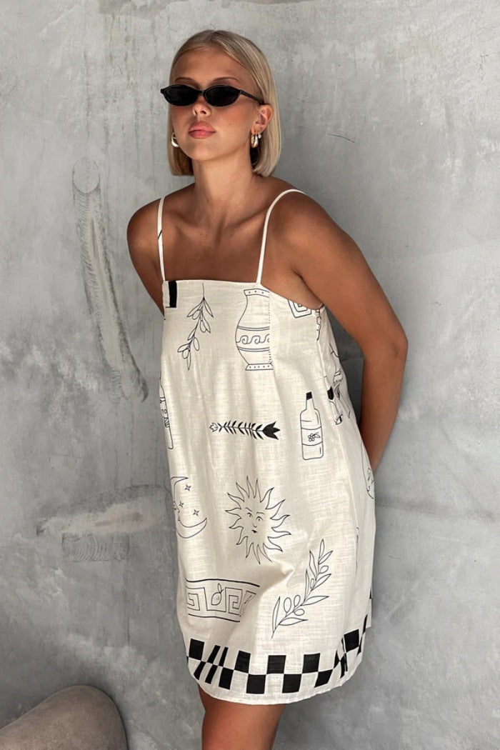 Black Shoulder Strap Abstract Printed Dress