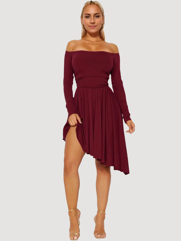 Burgundy Off-Shoulder Skater Pleated Dress