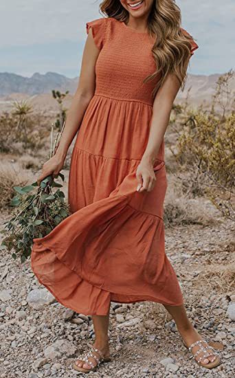 Rust Solid Flutter Sleeved And Tiered Dress