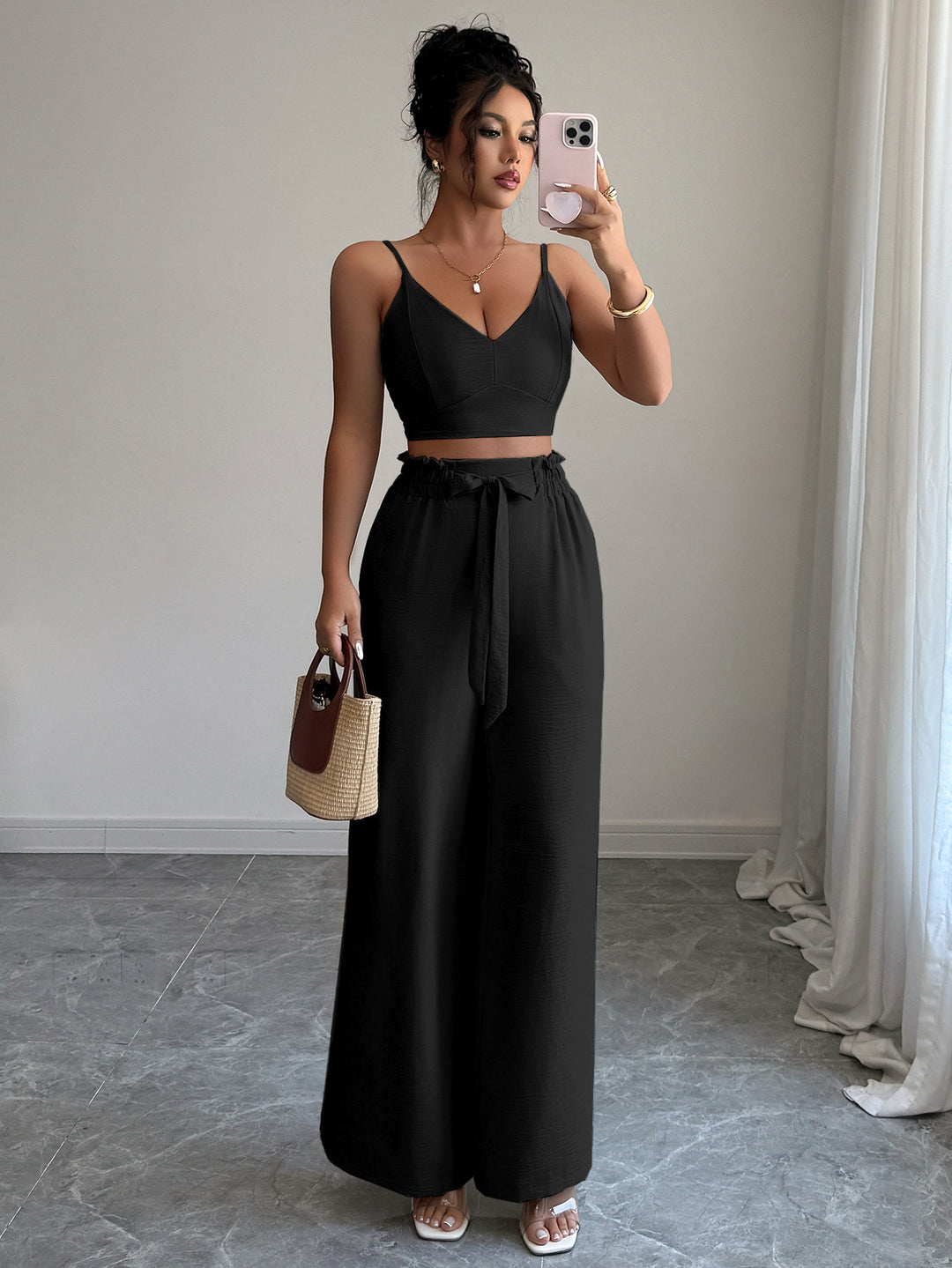 Black Cami Top And Pants Co-Ord Set