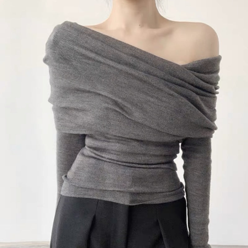 Grey One Shoulder Flat Knit Top
