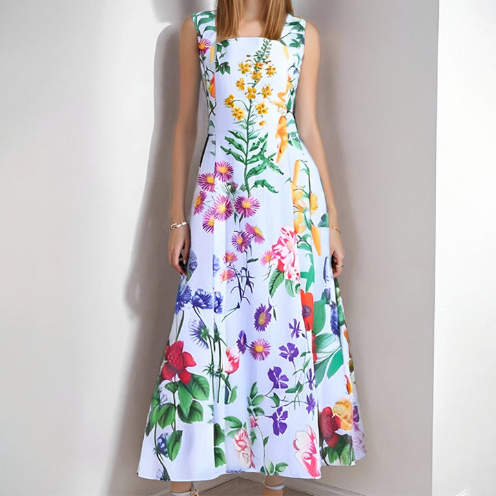 Blue Floral Print Square Neck Fit And Flare Maxi