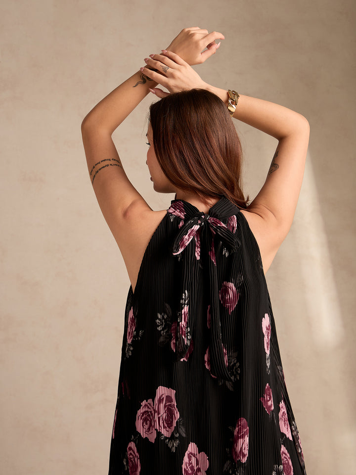 Black Halter Neck Floral Printed Dress