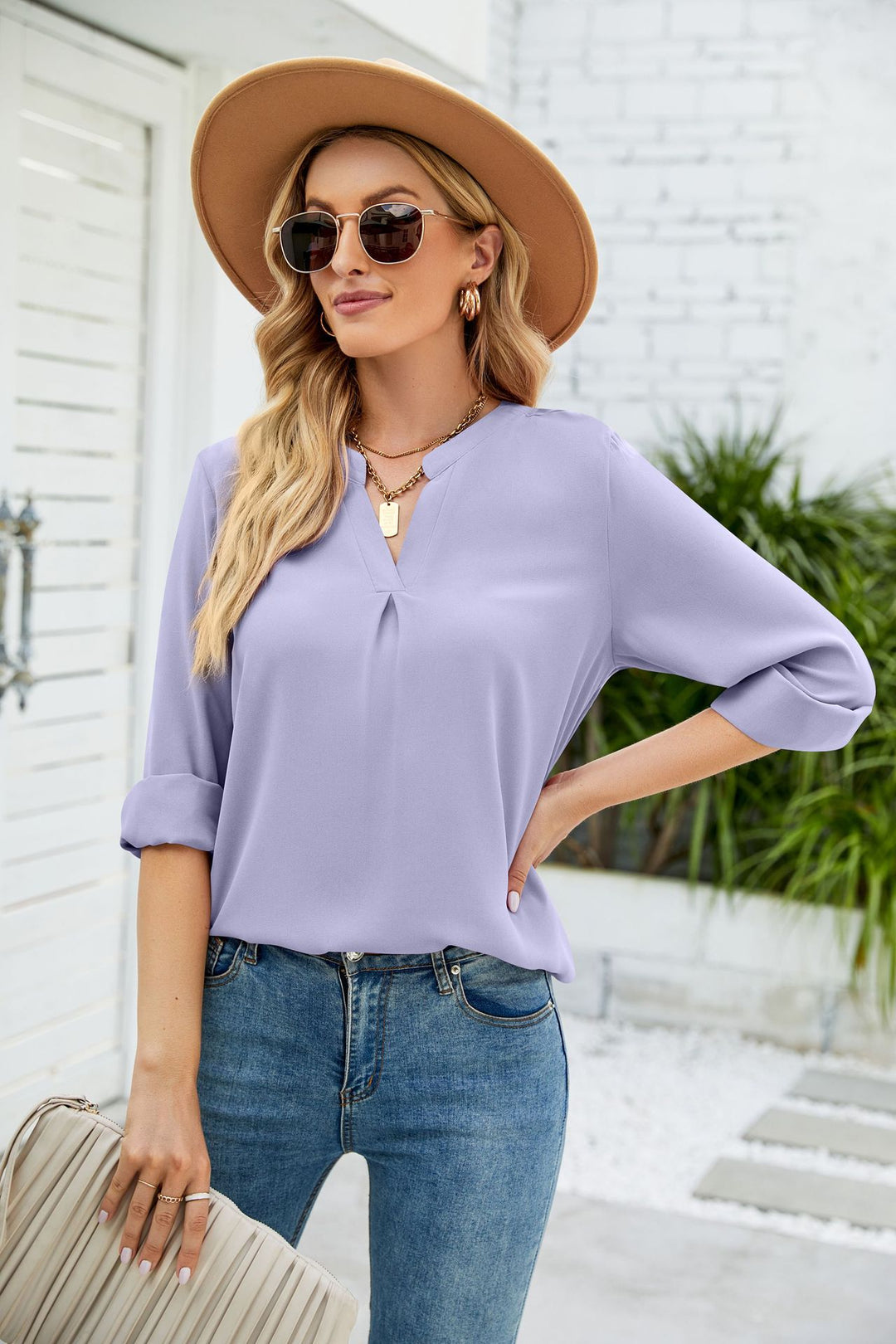 Lavender Full Sleeve V Neck Top