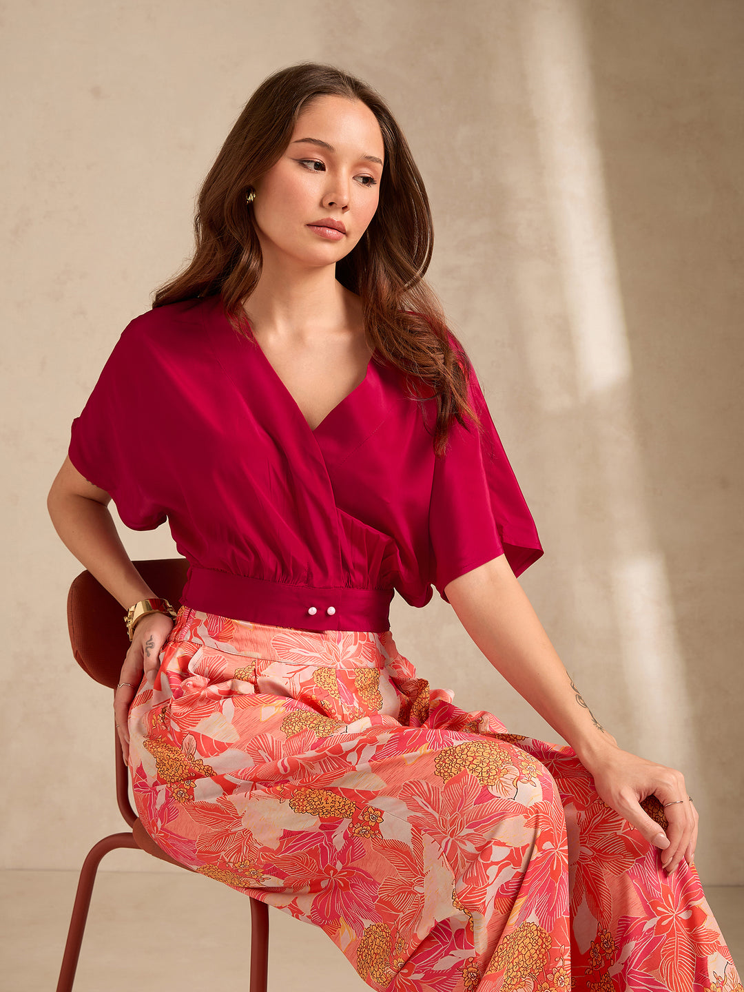 Pink Printed Solid Top With High Rise Wide Leg Trouser Co-Ord Set