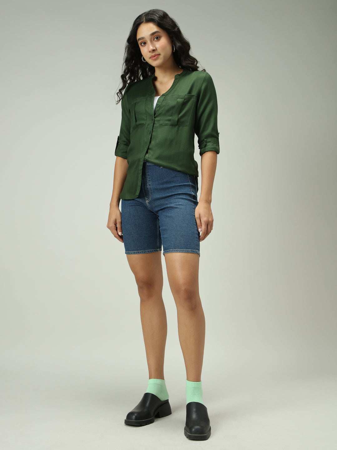 Olive Solid V Neck Shirt