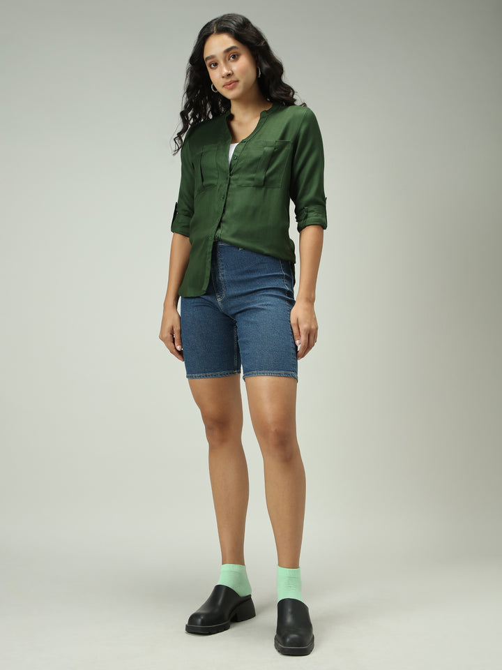 Olive Solid V Neck Shirt