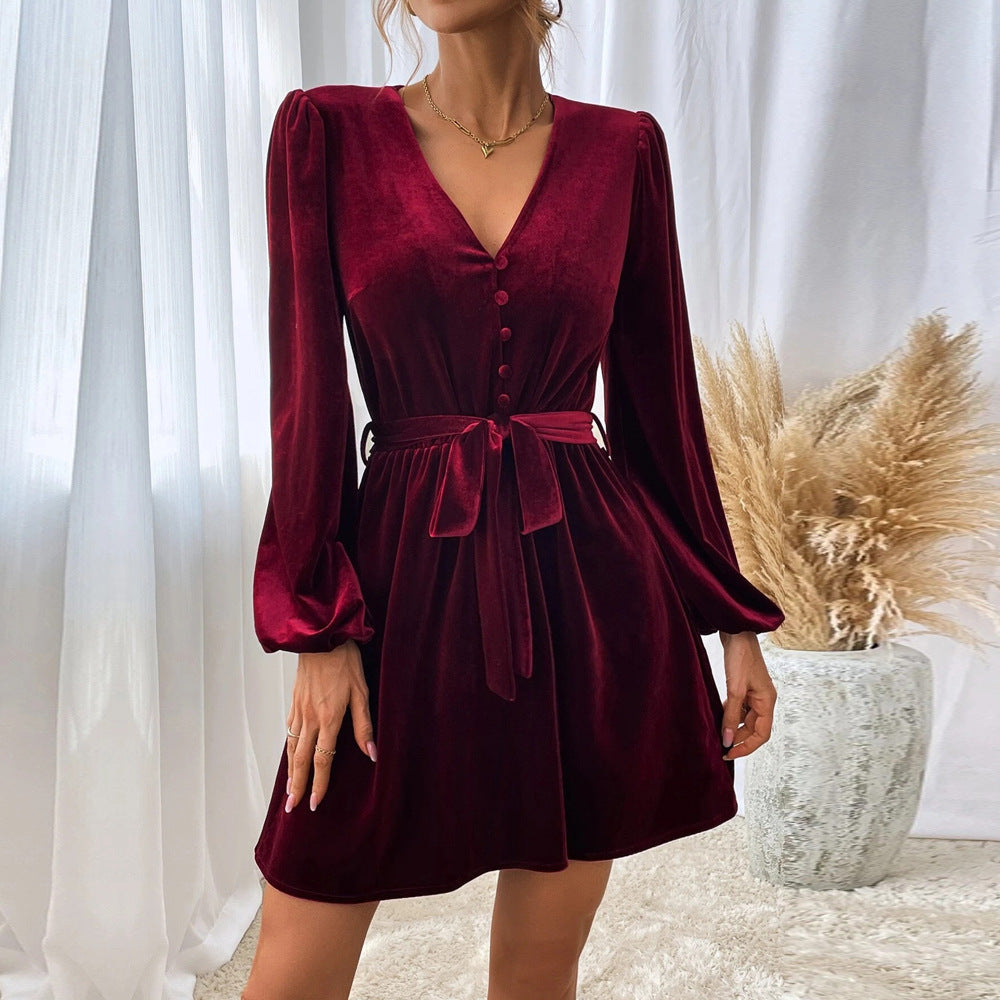Burgundy V Neck Button Up Velour Dress With Tie Up