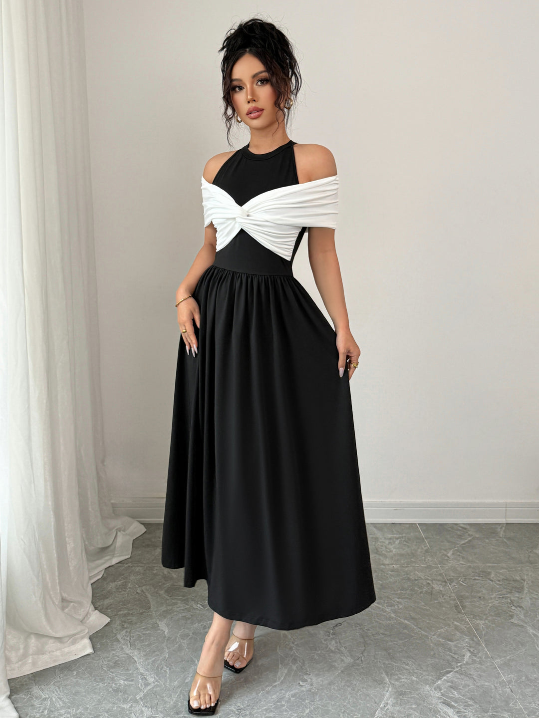 Black Twisted Contrast Off Shoulder Dress
