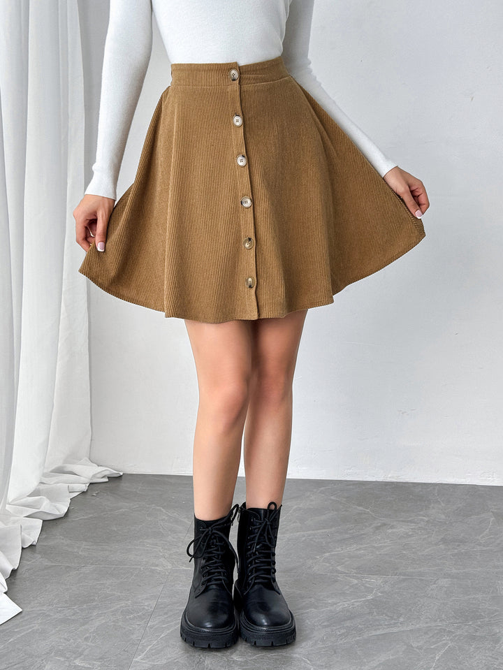 Brown High Waist Front Button Skirt