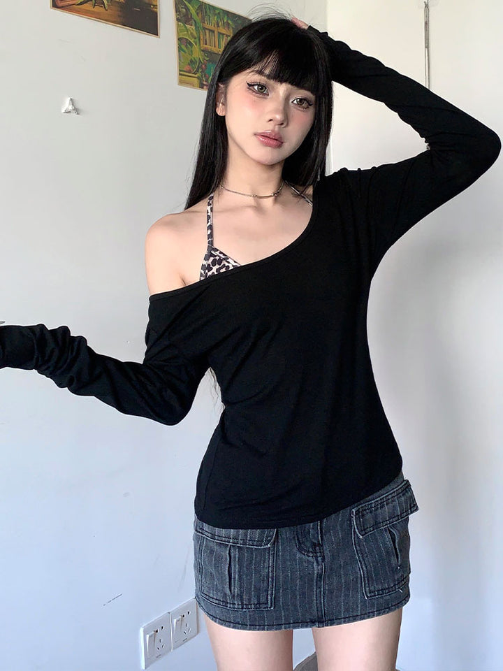 Black Off Shoulder Full Sleeves Slim Top