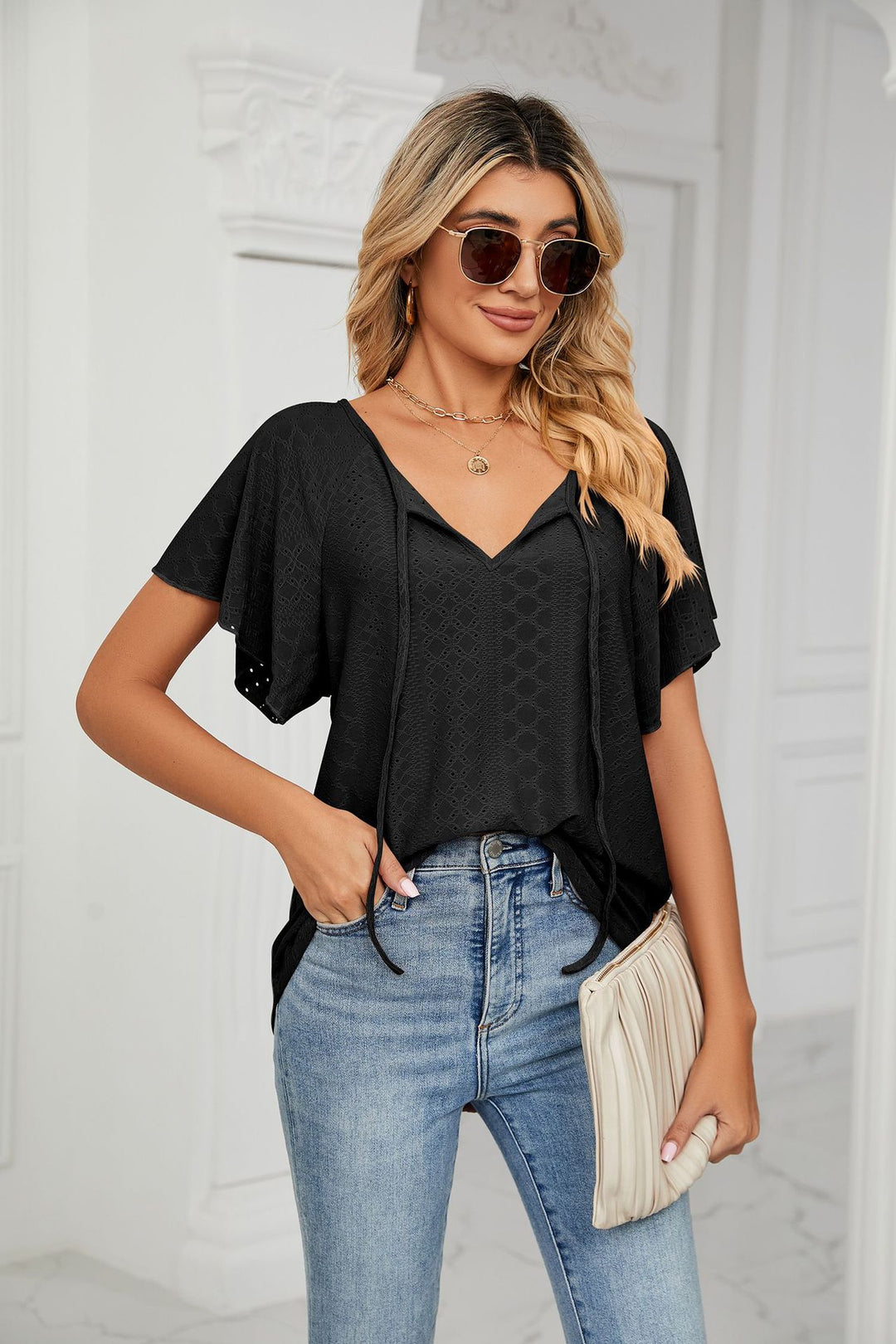 Black Flared Sleeves Tie Up Top