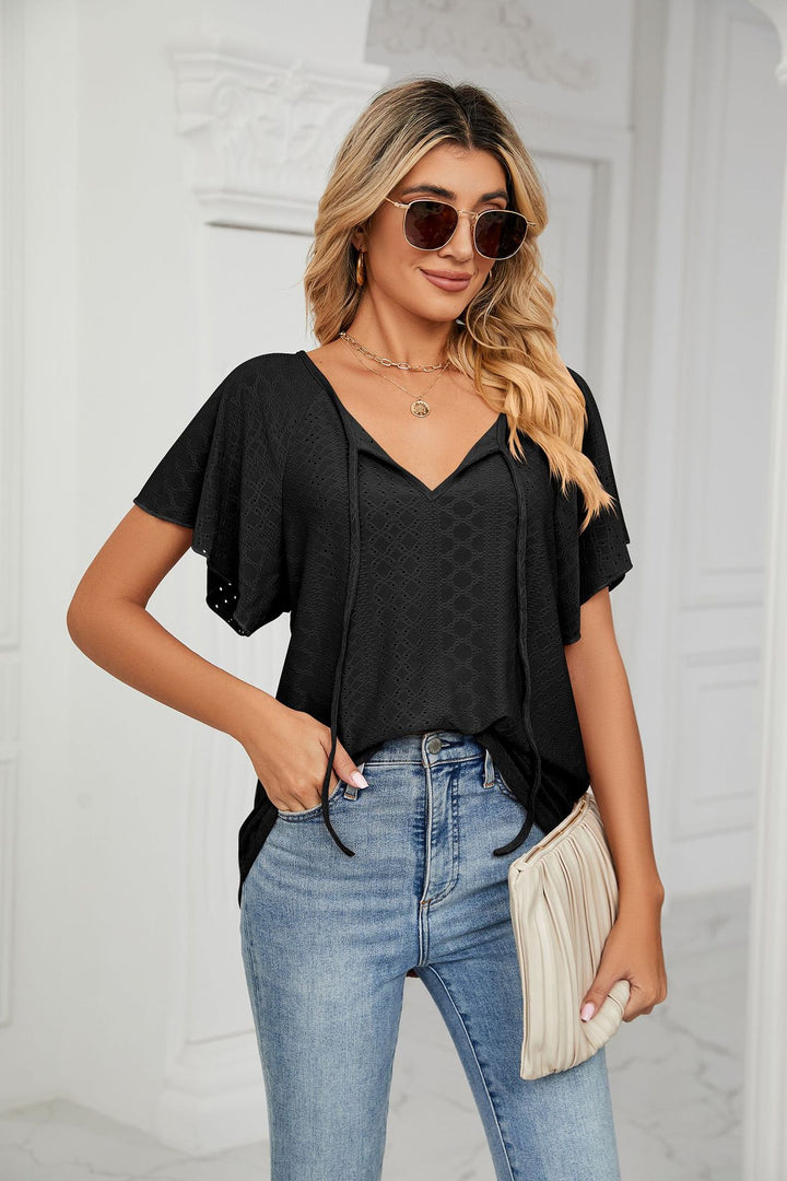 Black Flared Sleeves Tie Up Top