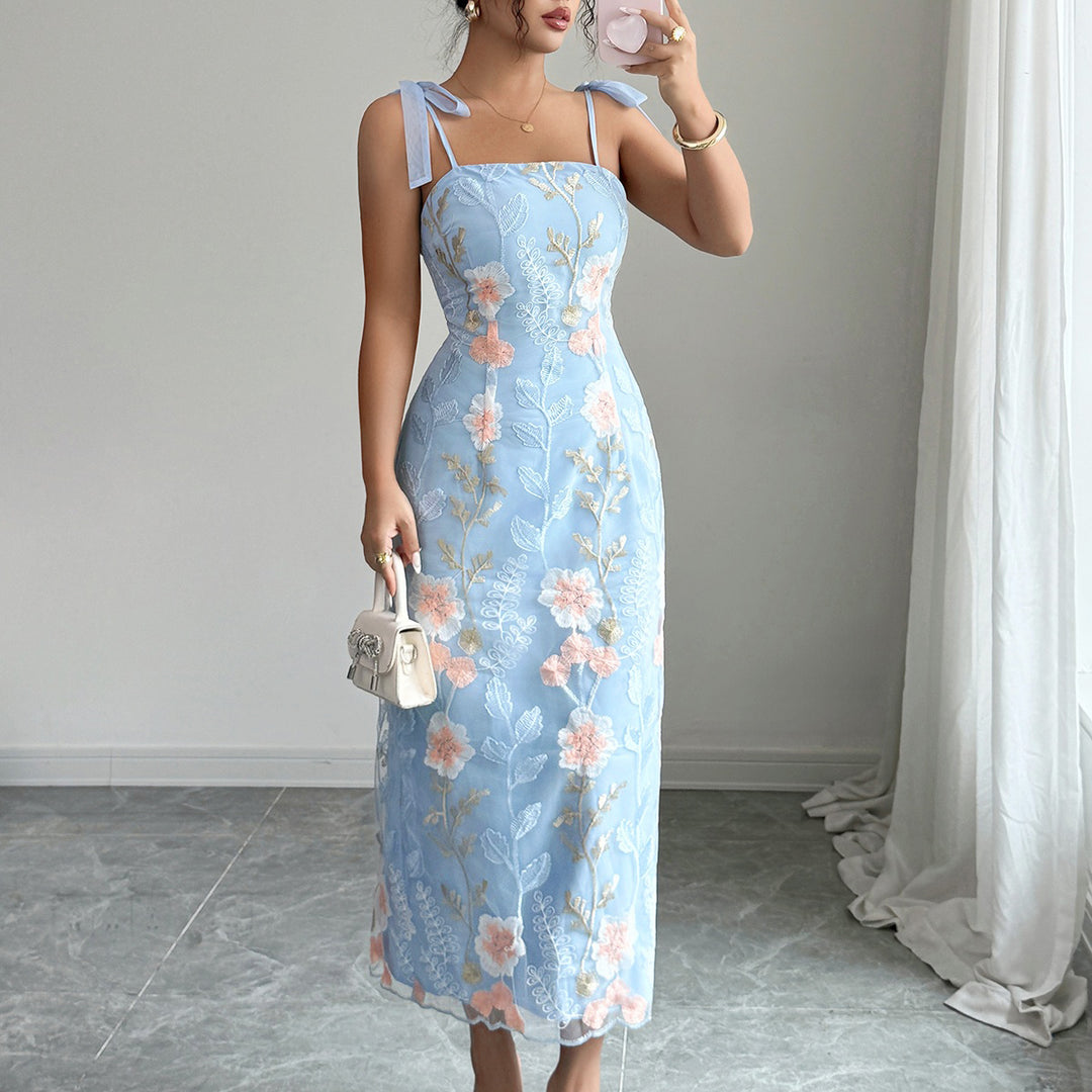 Blue Shoulder Tie Up Embroidered Dress