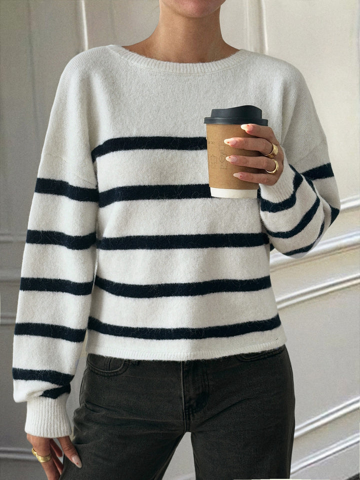 White Full Sleeve Round Neck Striped Sweatshirt